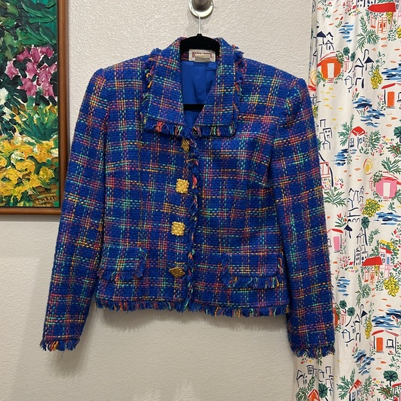 Vintage Maggy London Blue Plaid Tweed Blazer Jacket - Picture 4 of 11